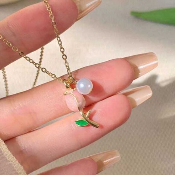 3for$20 New Tulip & Faux Pearl Pendant Design Minimalist Unique Beaded - Picture 1 of 4